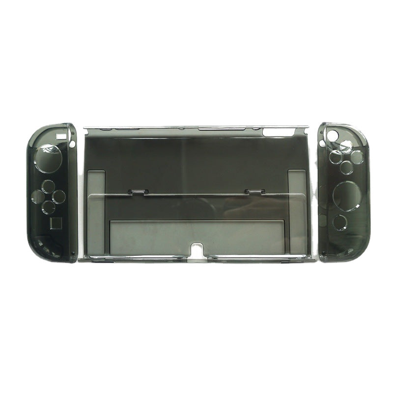 Frameclad – Smoke-grey case in three separate pieces: two Joy-Con shells and the centre back panel, on white