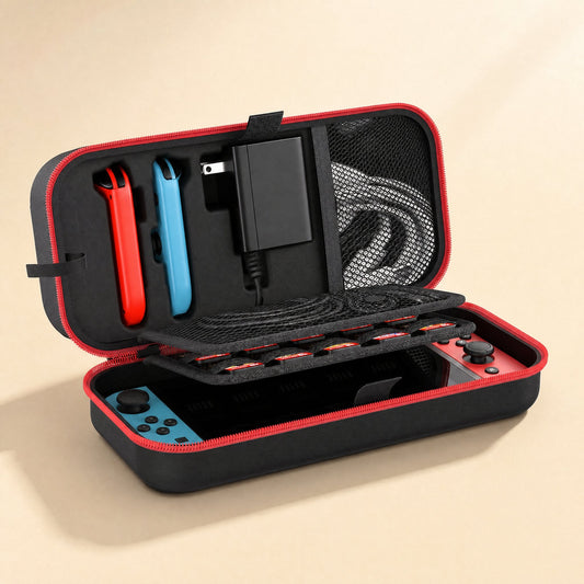 Switchnest – Open bag showing Joy-Con holders, charger, cable mesh pocket and game card tray above the console