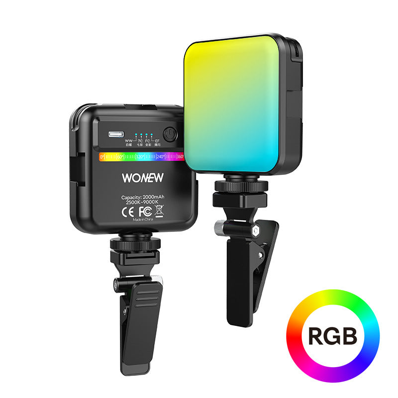 Lightpocket – Mini fill light with clip stand, front glowing yellow-green to cyan and back panel with controls, RGB badge