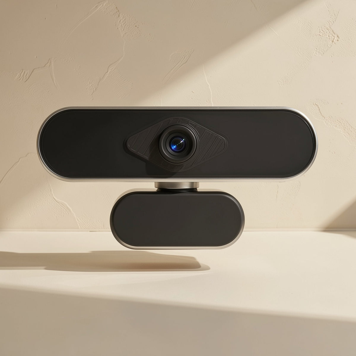 Lensclear – Black webcam with silver trim around the oval housing and a diamond-shaped panel around the lens
