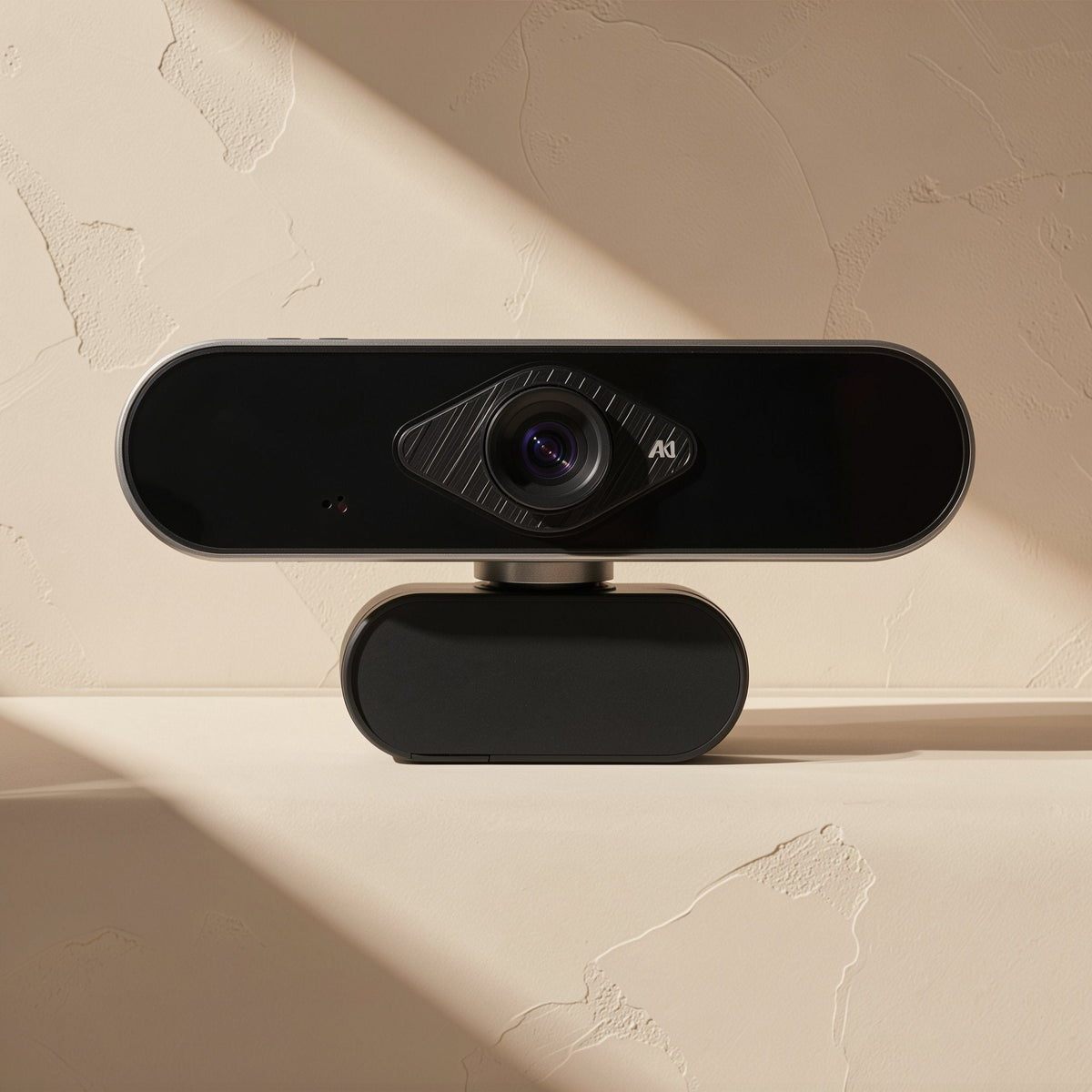 Camvoice – Front view of a black USB webcam with ribbed lens surround and microphone pinhole against a textured cream wall