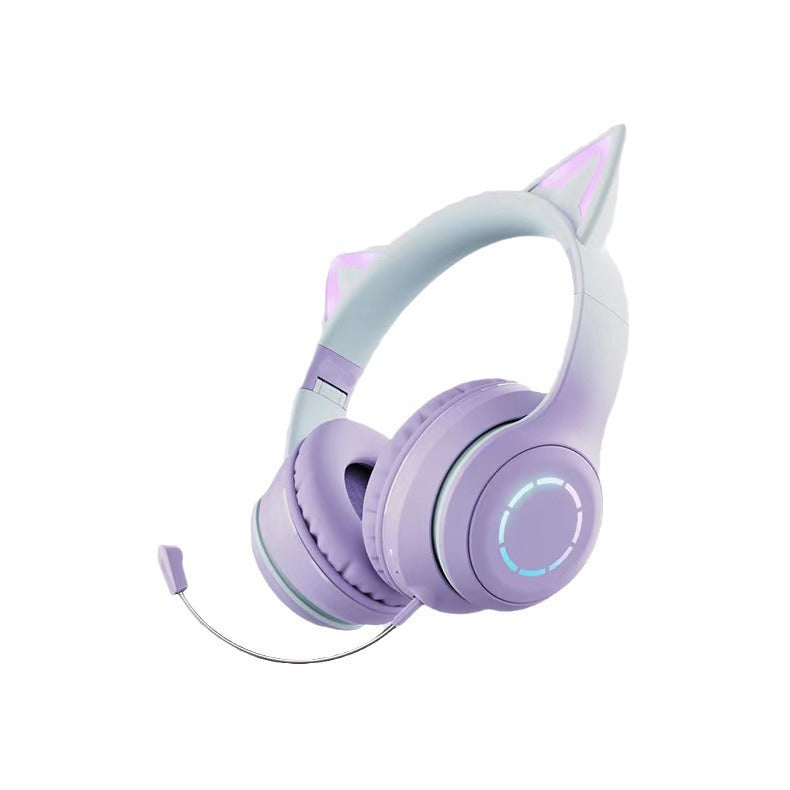 Glowmuse – Lavender purple cat ear headset with grey-blue gradient headband, glowing ring light and boom mic, on white