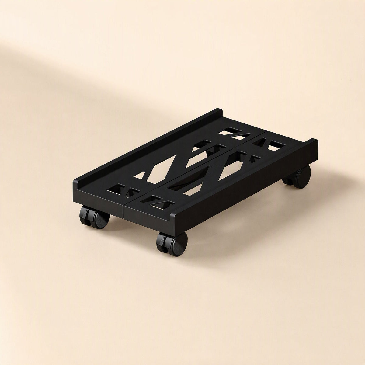 Hosthaven – Black rack seen from a slightly higher right angle, showing raised side edges and swivel wheels