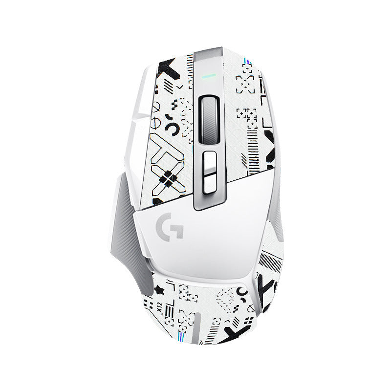 Gripscale – Top view of white mouse with black-and-white geometric pattern grip stickers