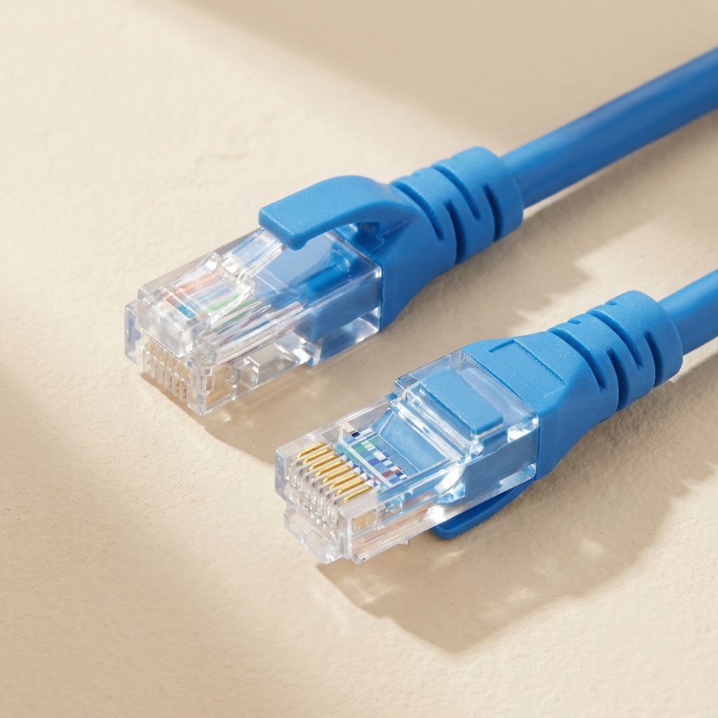 Signalweave – Close-up of two blue RJ-45 connectors with clear plugs and visible gold contacts on a cream background