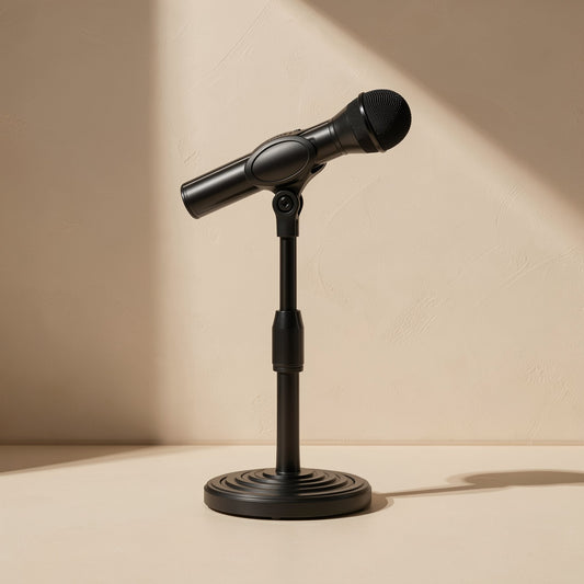 Deskrest – Single desktop mic stand holding a handheld microphone, shown from the side on a round black base