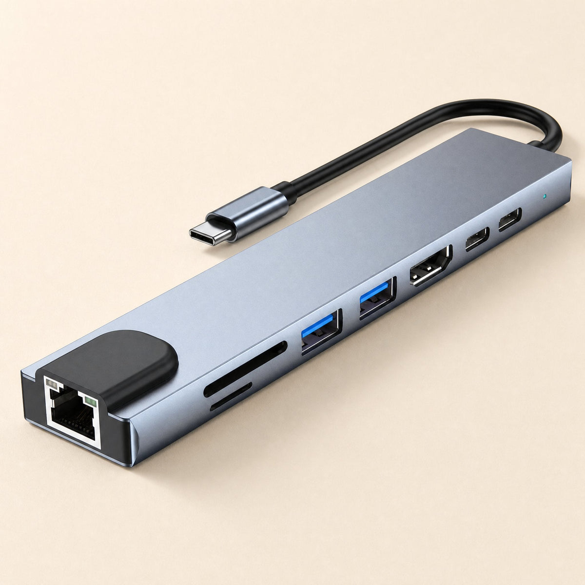 Linkspread – Top-angle view of the grey slim docking station with Ethernet jack, card slots, two USB ports and HDMI port
