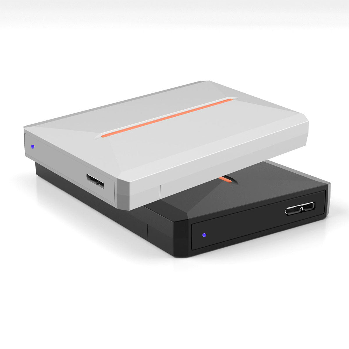 Silver and black Portadisk hard disk boxes stacked, blue indicator lights and USB Micro-B ports visible