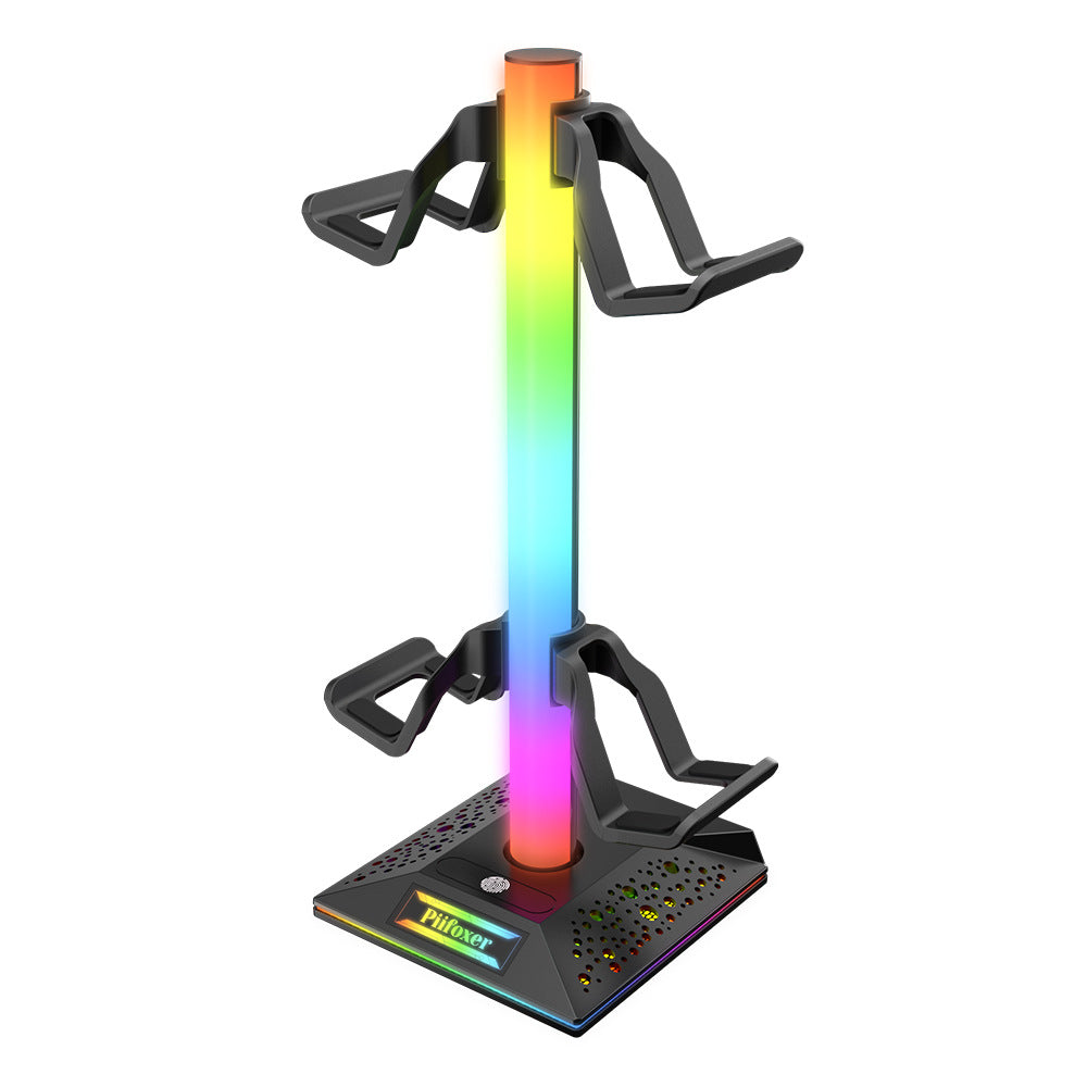 Hookbeam – Black RGB stand with glowing rainbow column, four controller hooks and a vented base, front angle on white