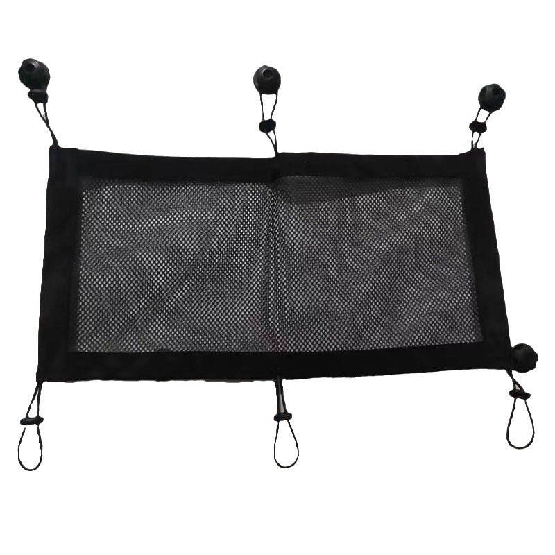 Meshcoil – Black mesh cable storage net with three mounting knobs along the top and three elastic loops along the bottom