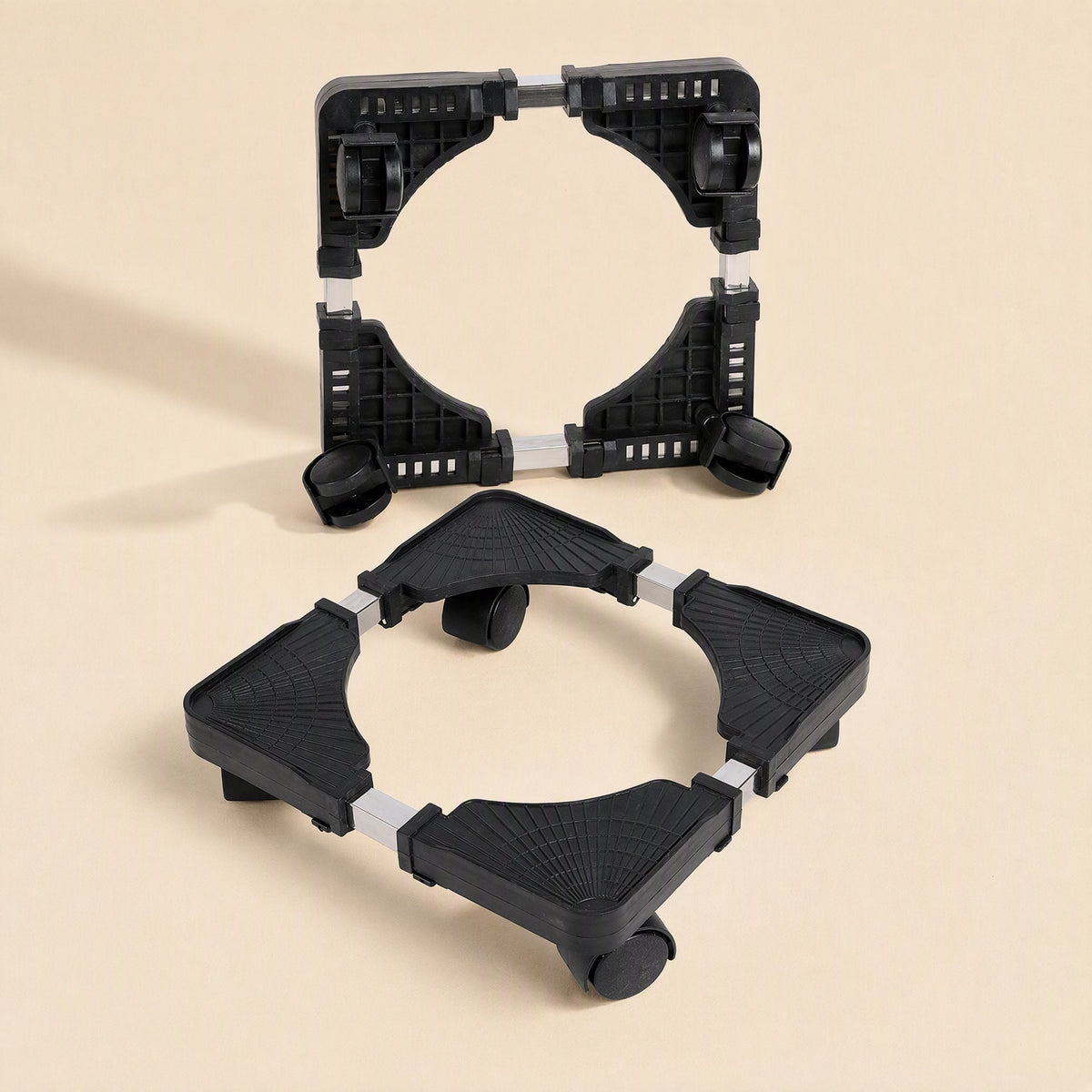 Rollstand – Two black stands seen from above and below, showing the ribbed top pads and the underside with wheels