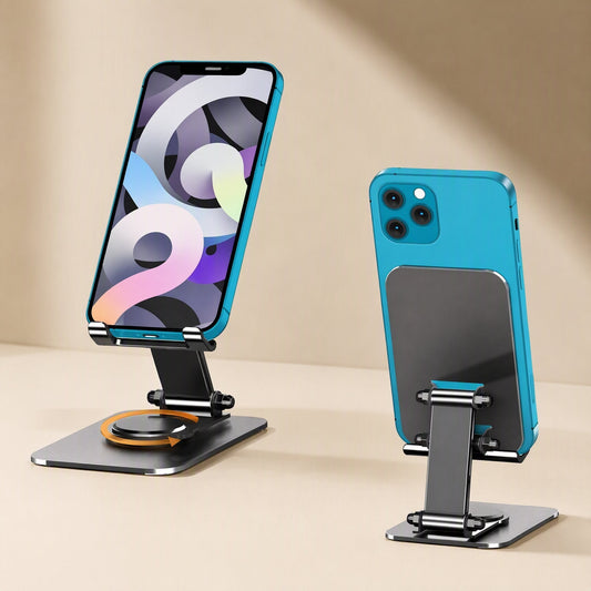 Tiltledge – Front and back views of a blue phone held on the stand, with an orange arrow marking the rotating base