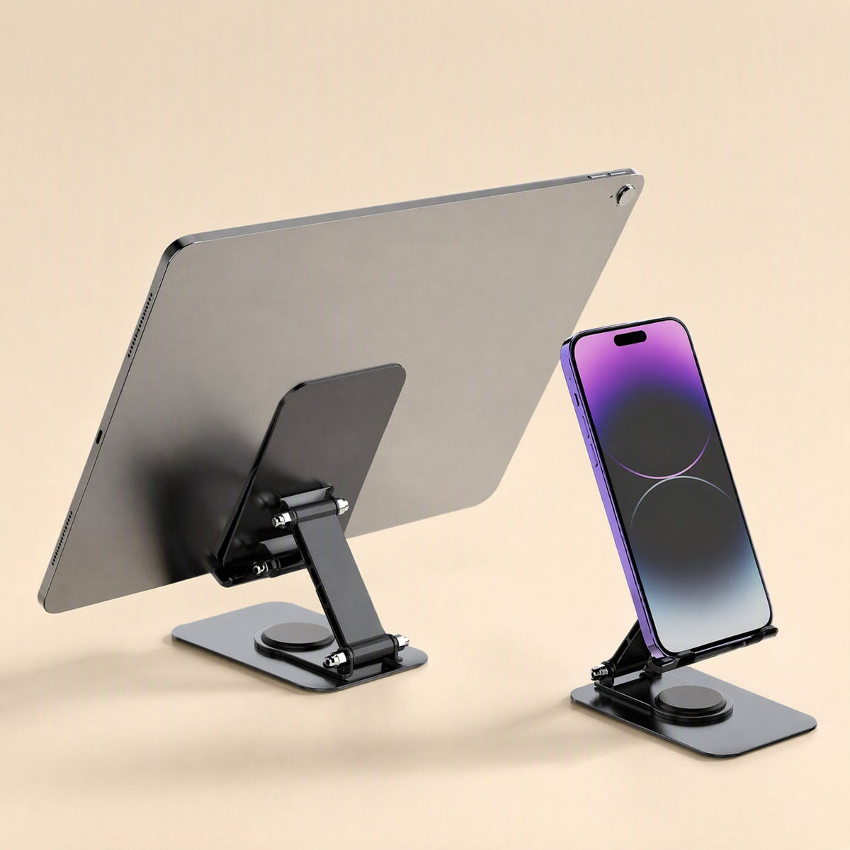 Tiltledge – Stand holding a large tablet from behind next to a smaller stand with a purple phone, on a beige surface