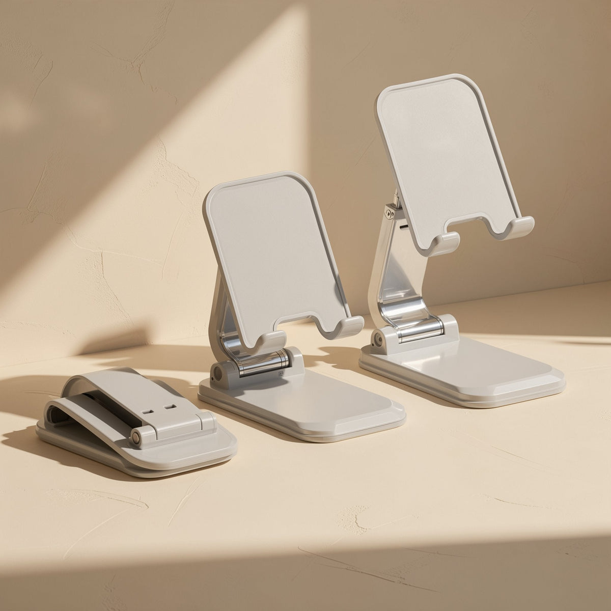 Tiltfold – Three light grey foldable stands, one folded flat and two open at different heights, on a sunlit surface