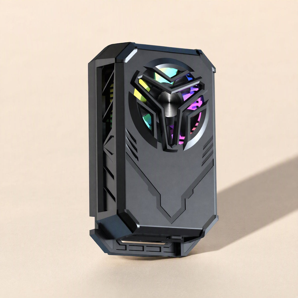 Chillcell – Black phone radiator with a multicolour fan, side vents and back clip on a cream background