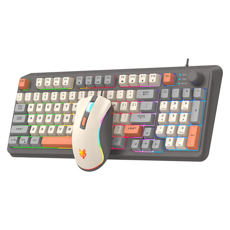 Keyglint – Gray keyboard with cream and orange keys, rainbow backlight, and a cream gaming mouse resting on it, angled view