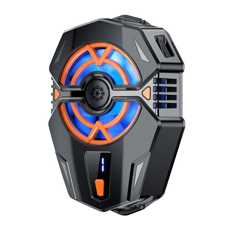 Frostloop – Black phone cooler with orange and blue fan ring, side vents and orange button, front view on white