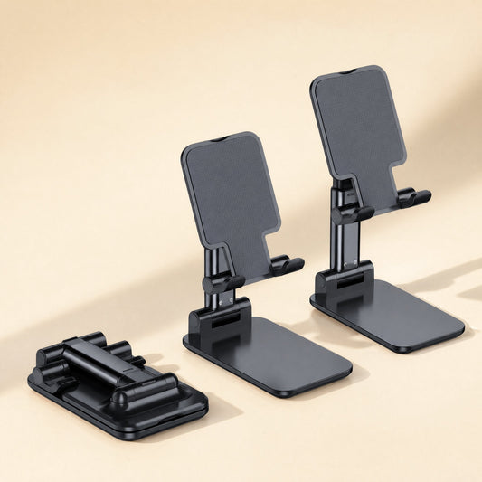 Reachrest Folding Telescopic Phone Stand – black stand folded flat beside two extended black stands on a cream background