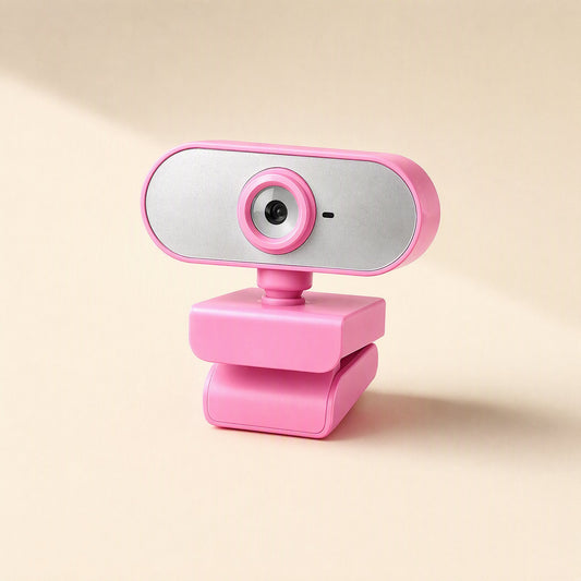 Streamface – Pink webcam with silver face and pivoting stand, seen from the front on a peach background