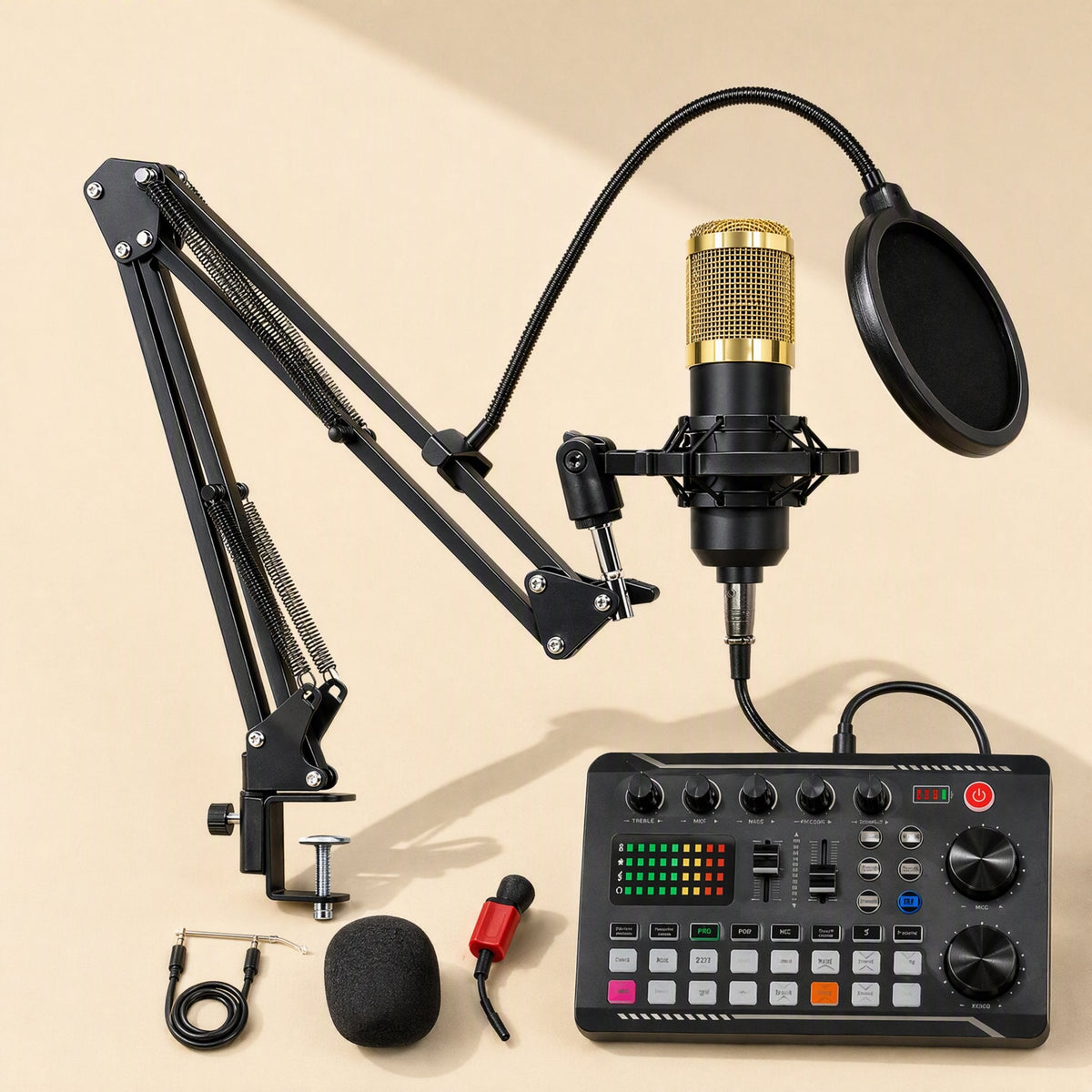 Voiceboost – Sound card with gold-grille microphone on boom arm, pop filter, foam windscreen and small red lavalier mic