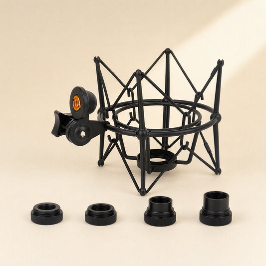 Micsteady – Black metal spider shock mount with gold-threaded mount and four black thread adapter rings