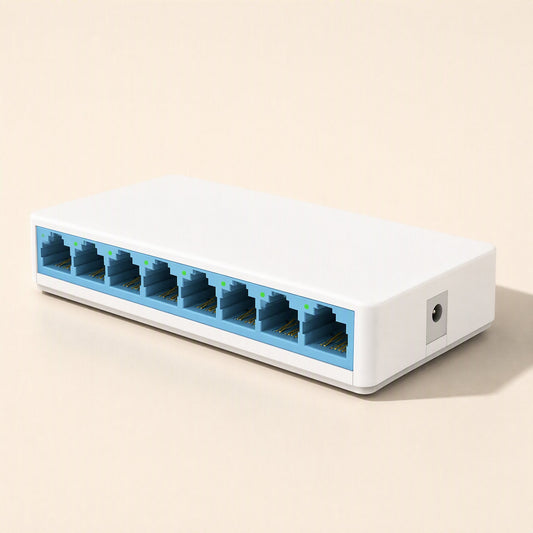 Netweave – White 8-port switch with blue port bays and a power jack on the right end, shown at an angle