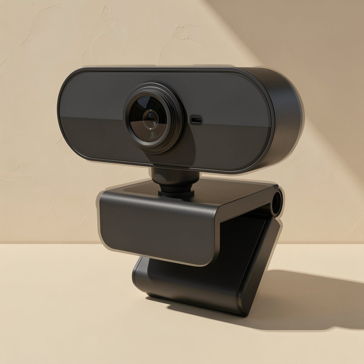 Camlisten – Front-facing view of the black webcam on its folding clip stand, with the lens and microphone hole visible
