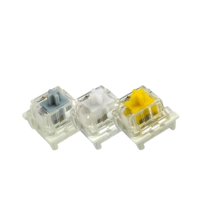 Quietstem Mechanical Keyboard Shaft – gray, white and yellow switches side by side on a white background
