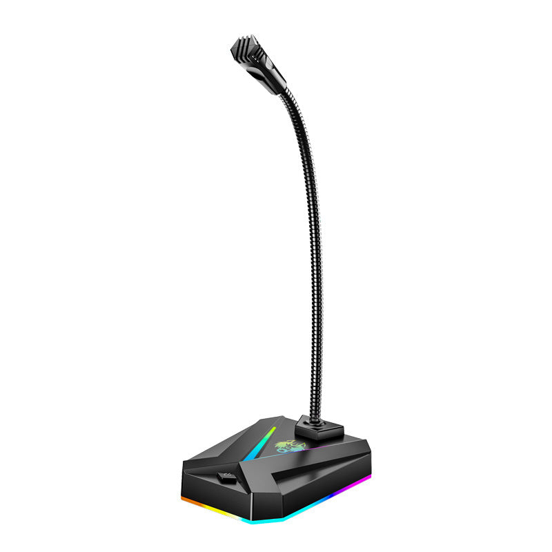Micvox – Black gooseneck microphone on an angular base with RGB light strip, shown on a white background