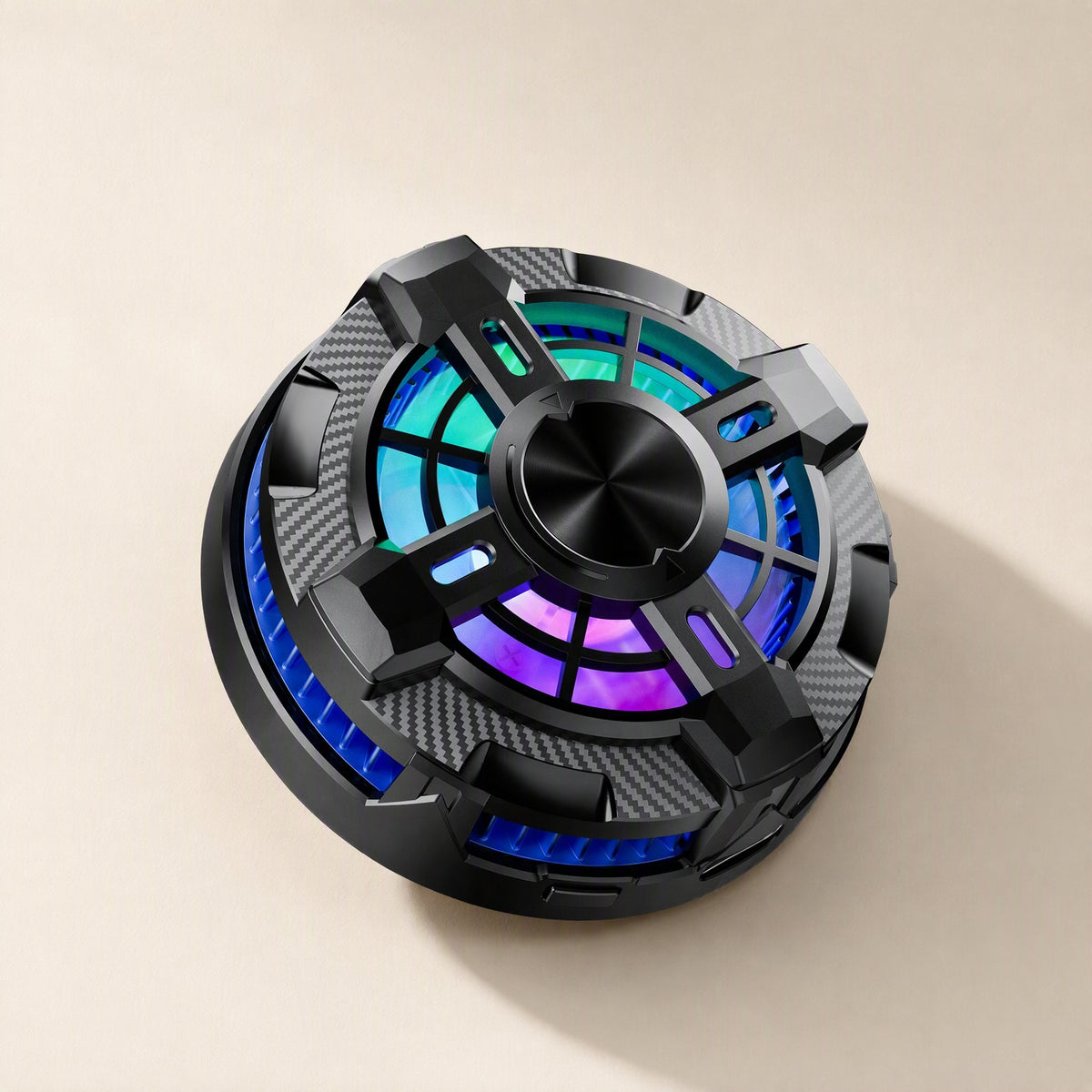 Chipfrost – Black magnetic phone radiator tilted on its side, showing blue side vents and carbon-pattern panels