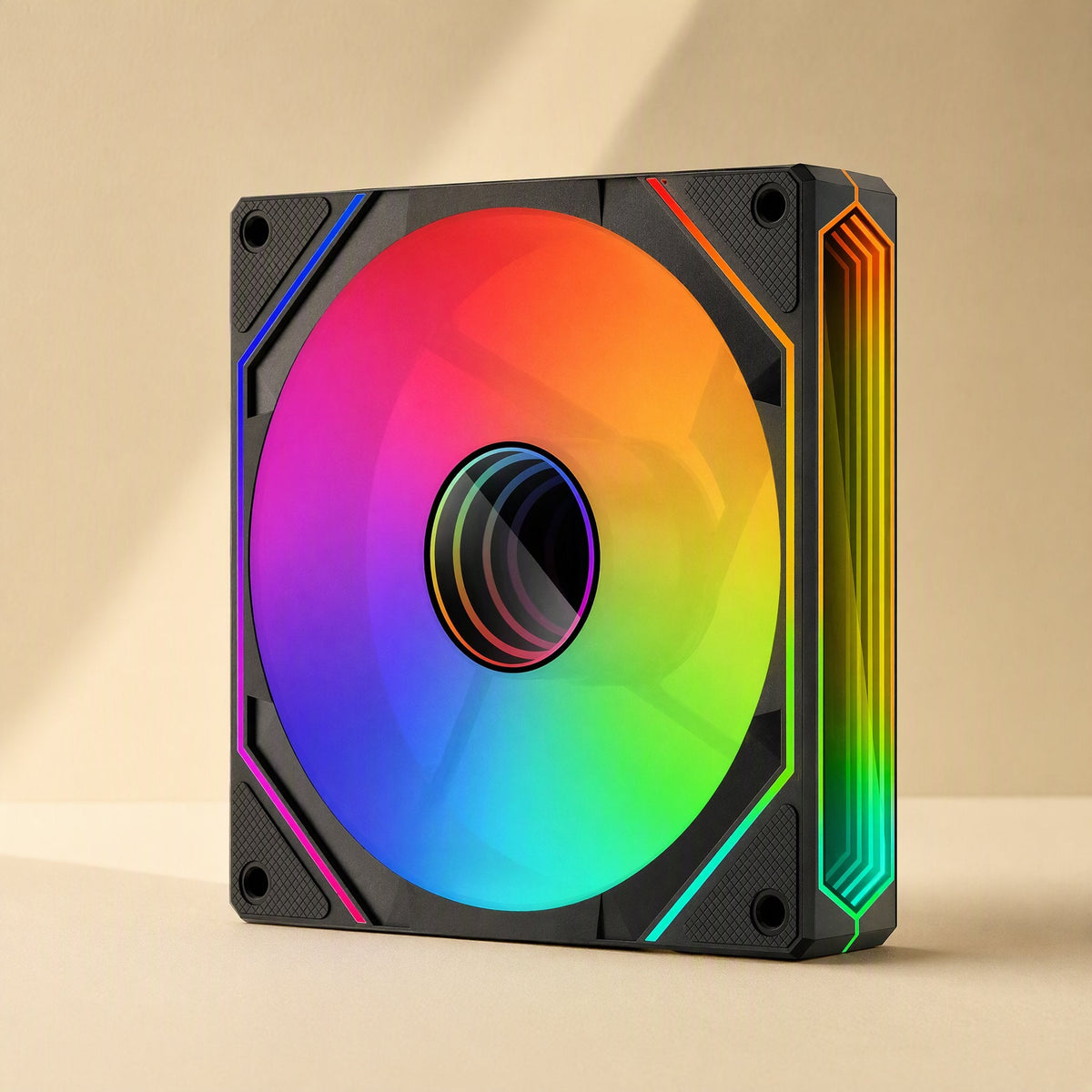 Prismchill – Black ARGB fan with a rainbow gradient face and illuminated side edge, shown at an angle