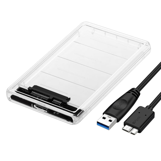 Driveflex – Clear 2.5-inch enclosure beside its black USB 3.0 cable with Micro-B plug