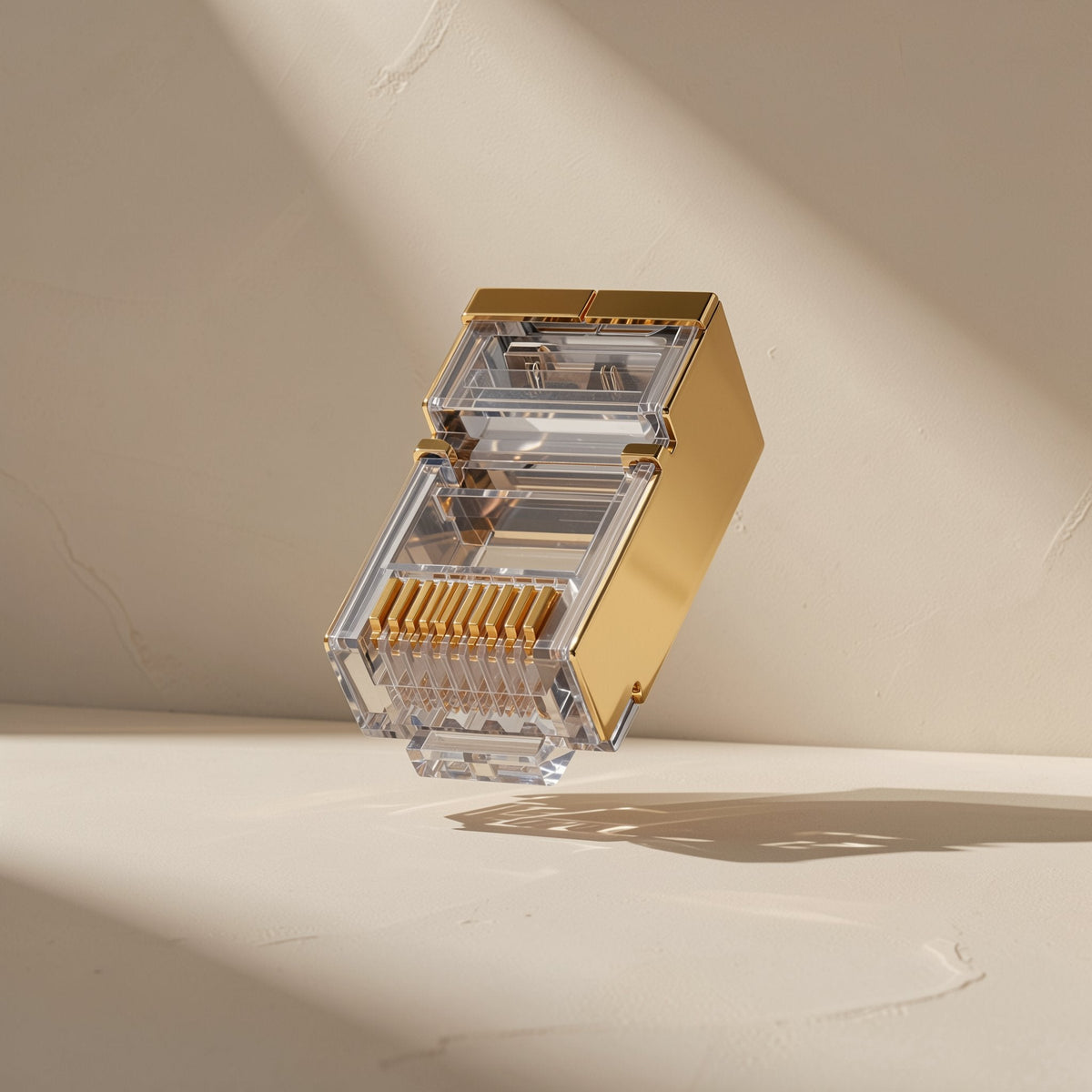 Netjoin – Gold-plated shielded RJ45 connector with clear plastic front, angled view on a beige background