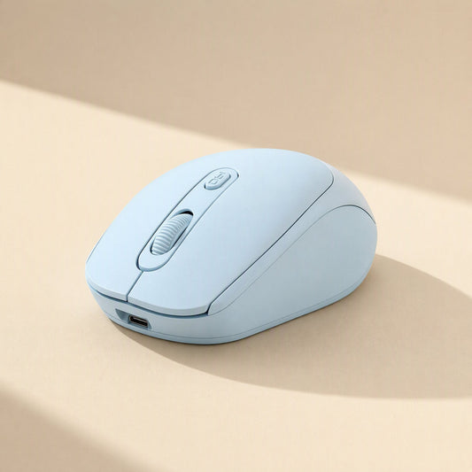 Chargeroam – Light blue wireless mouse at an angle showing the scroll wheel, top button and USB-C charging port on the front