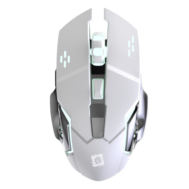 Chargeglide – Top-down view of a white wireless gaming mouse with silver side panels and pale green backlighting
