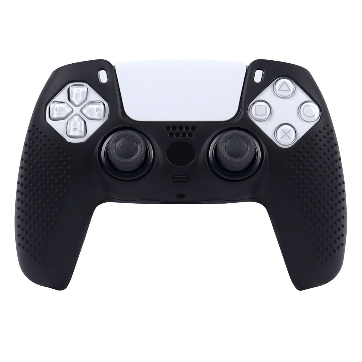Griptek – Black silicone cover on a PS5 controller, front view with dotted grip pattern and the touchpad left visible