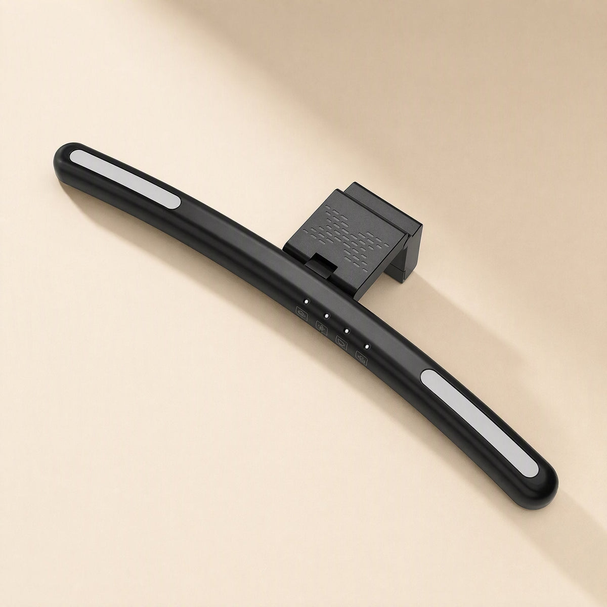 Screenlit – Angled view of the curved black lamp with white light strips, a vented clip and four small indicator dots