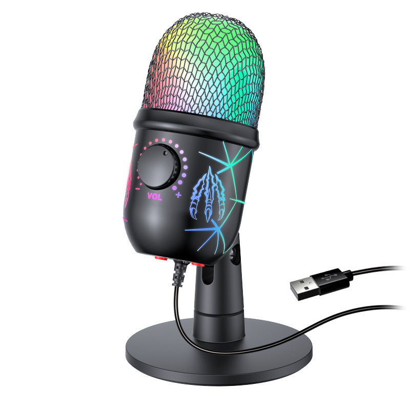 Beamcast – Black USB microphone on a round base with rainbow-lit mesh, claw graphic and volume knob, white background