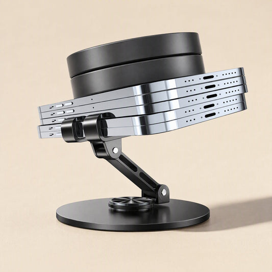 Swivelrest – Rear-angle view of stand with a phone shown in four rotation positions on the circular swivel base