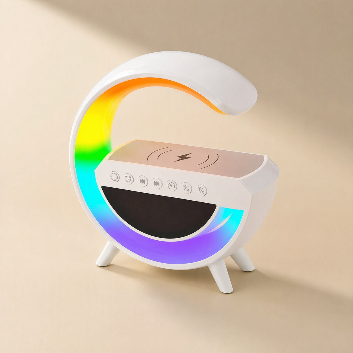 Lightbeat – Angled view of the white speaker lamp, colorful light ring, control buttons and charging pad visible