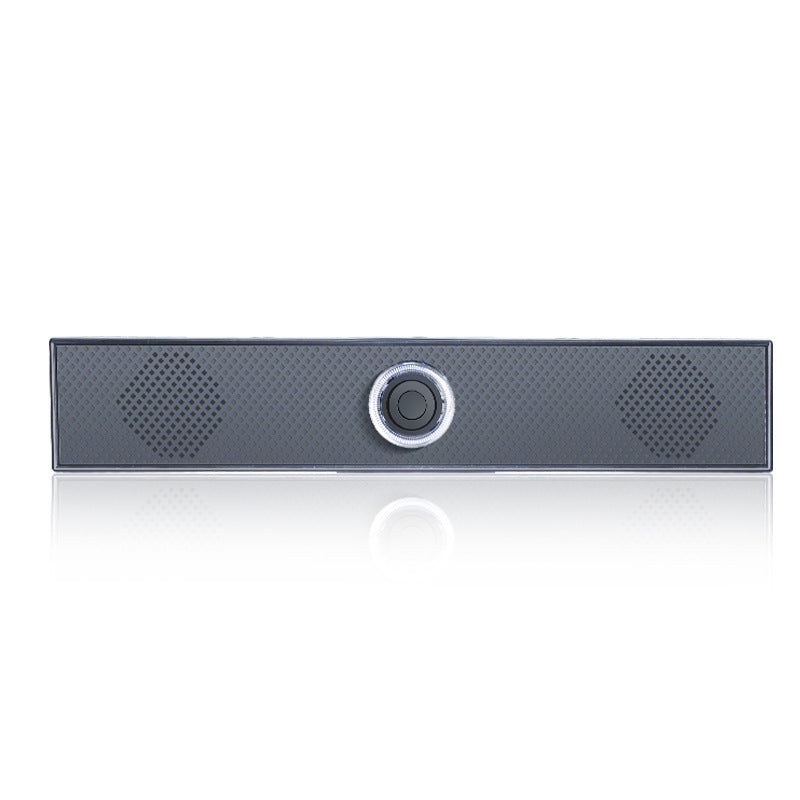 Duokast – Front view of the gray soundbar speaker with reflection, two perforated grilles and a round center knob