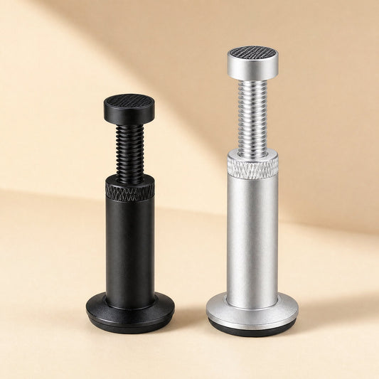 Maganchor – Black and silver adjustable support posts with threaded screws and knurled rings, side by side