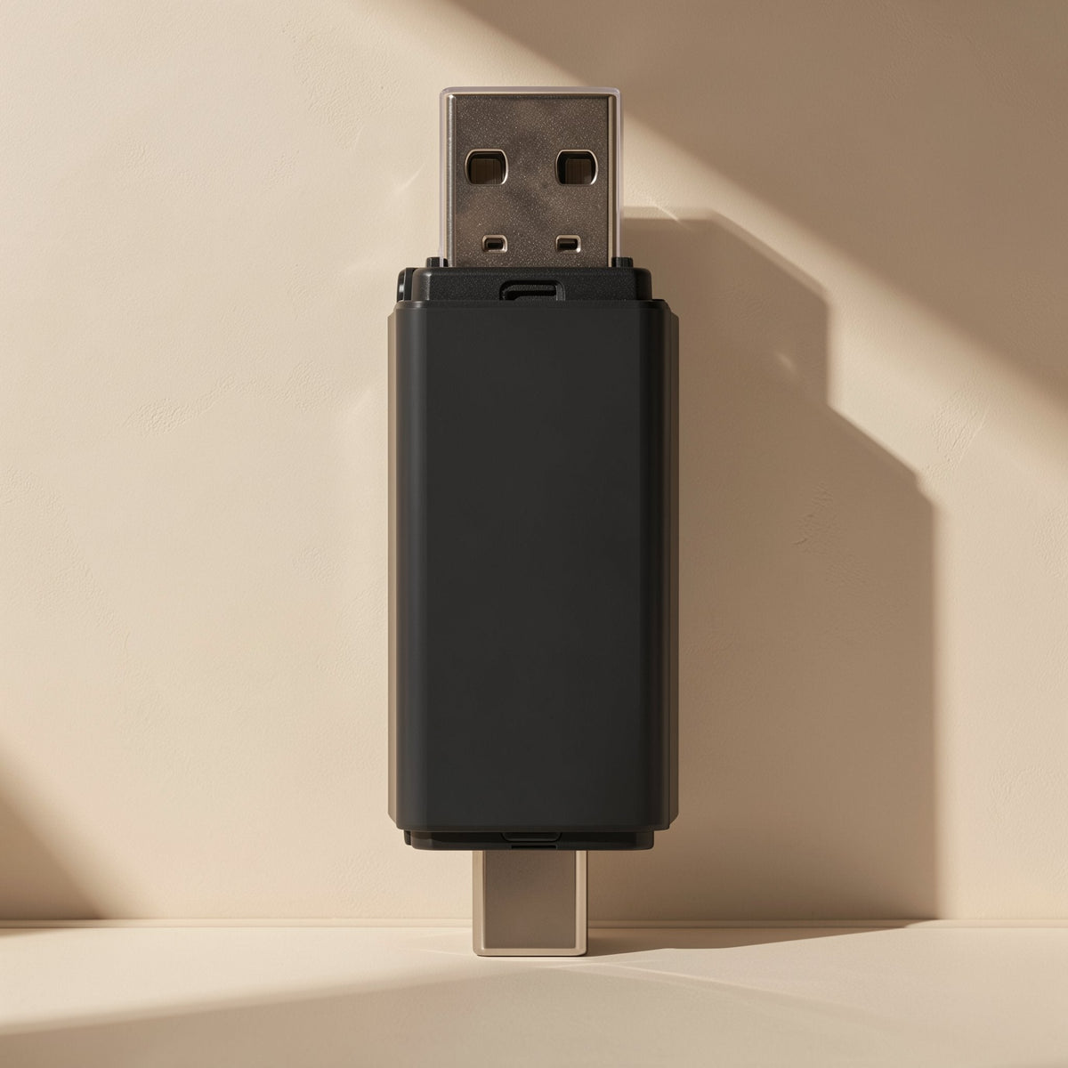 Readlink – Black reader standing upright, USB-A plug at the top and USB-C connector at the bottom, against a beige wall