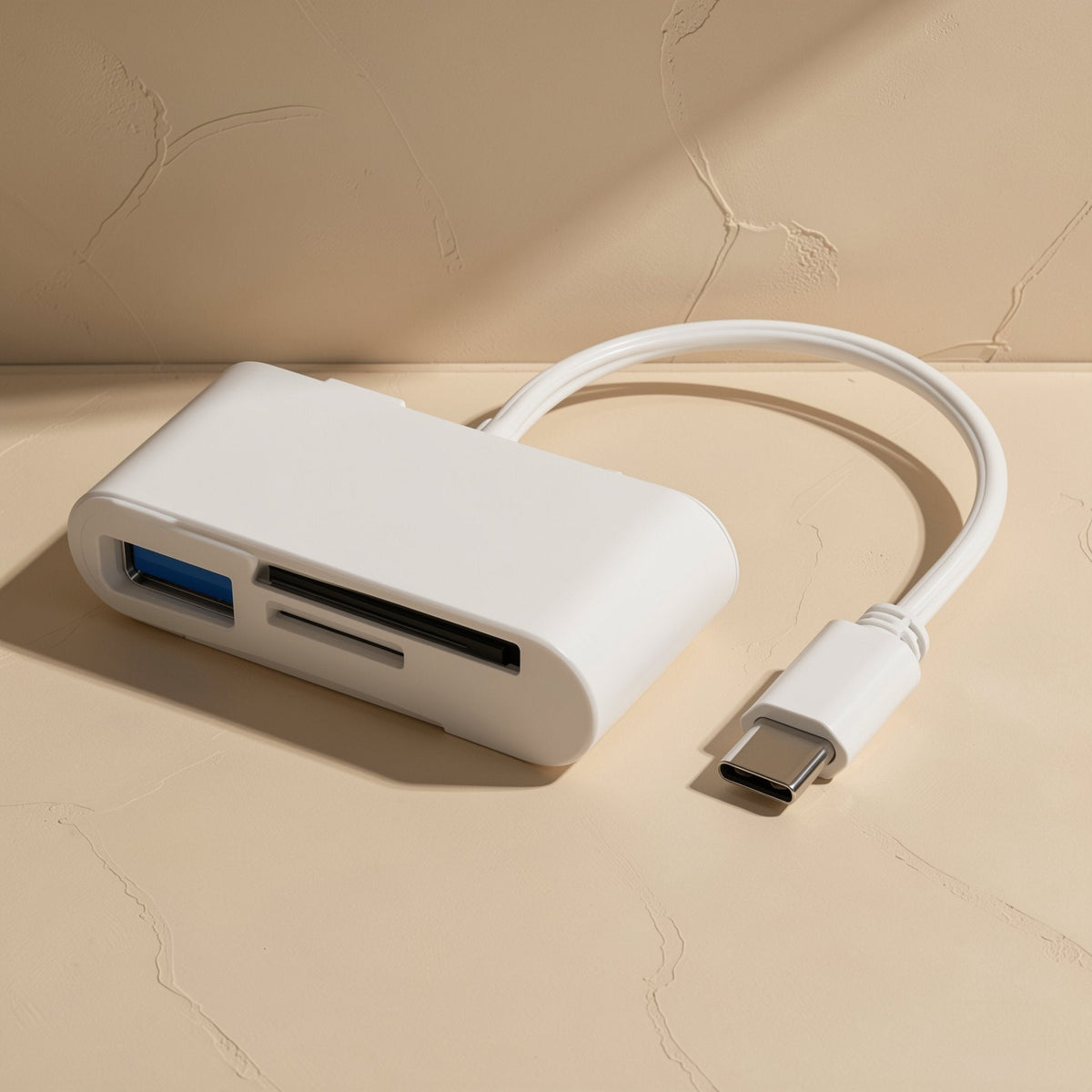 Portmate – White adapter seen from the opposite side, with a blue USB 3.0 port and card slots, cable at right