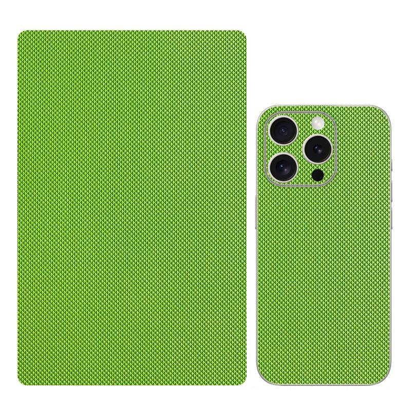 Matteglow – Green diamond-textured film sheet beside an iPhone with the matching film applied to its back