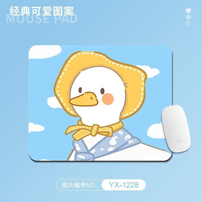 Toonpad Cartoon Desk Mat – blue mouse pad with a white duck in a yellow bonnet and scarf among clouds, white mouse at right
