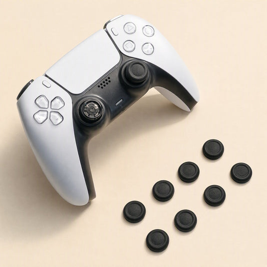 Stickgrip – Eight black stick caps scattered beside a white PS5 controller fitted with two black thumbstick caps