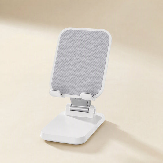 Phonecove Desktop Phone Holder – white folding phone stand with grey textured back plate, front view on a cream background