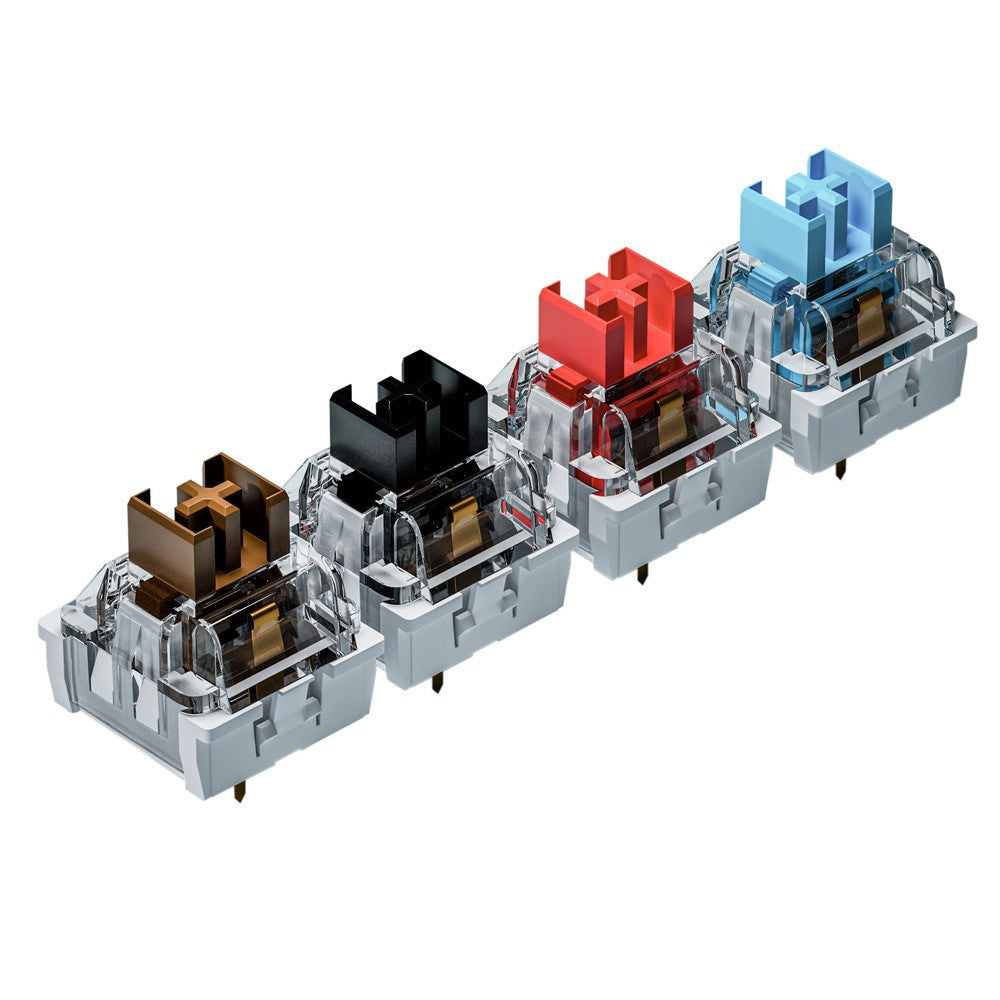 Clicktact – Four switches in a row: brown, black, red and blue stems with clear tops and white bases, angled view