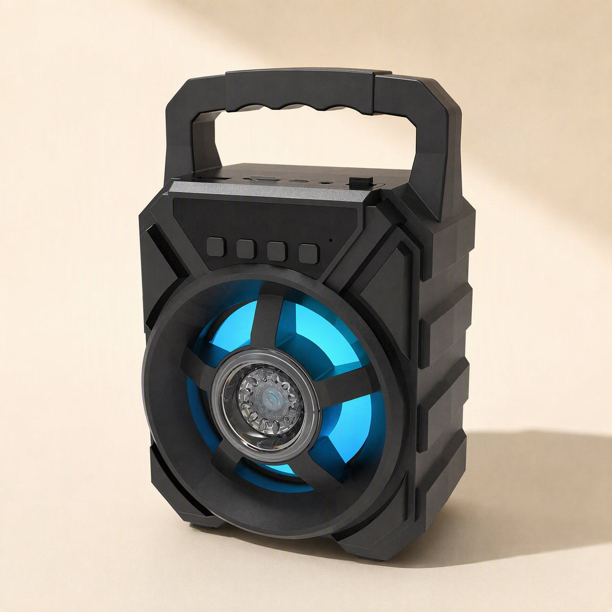 Roamsound Portable Bluetooth Speaker – black portable speaker with light blue glowing ring, four top buttons and carry handle